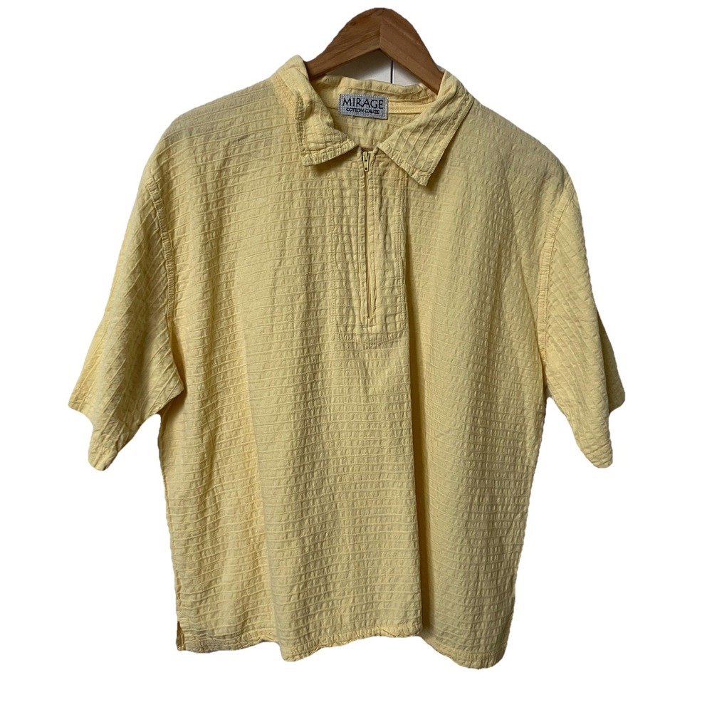Mirage Cotton Gauze Yellow Quarter Zip Short Sleeve Textured Pullover Shirt L/XL